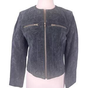 Vintage Suede Cropped Lady Jacket Womens Medium Dark Grey Green Fitted Fall